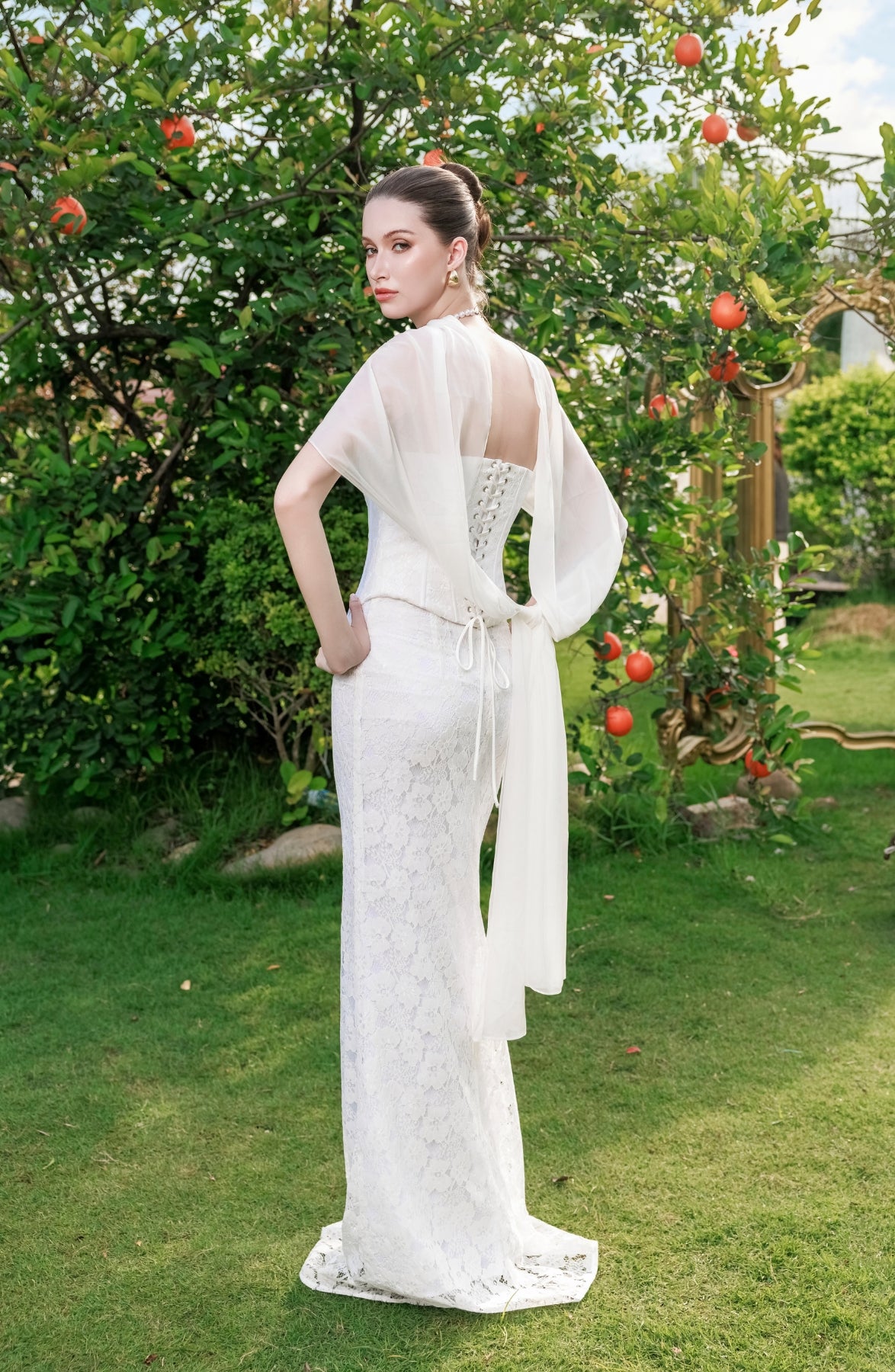 Minuet Corset Top and Column Skirt in Ivory, view 23
